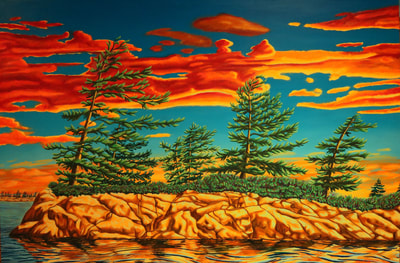 Blazing Heavens with Jack Pine, 2018, Oil on Birch panel, 20" x 30" gallery wrap style, $1,950